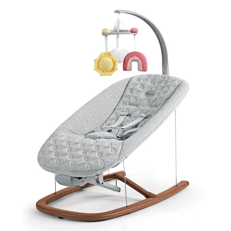 Chicco Float Baby Bouncer Seat, Quilted Organic Cotton Seat Pad, Included Toy bar with Plush Toys | Cloud/Grey - Image 1
