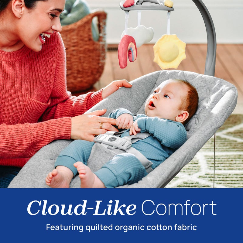 Chicco Float Baby Bouncer Seat, Quilted Organic Cotton Seat Pad, Included Toy bar with Plush Toys | Cloud/Grey - Image 2