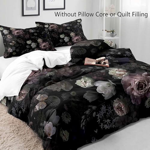 LUVIVIHOME 3PCS Black Floral Duvet Cover Queen Bedding Set, Gothic Bedding, Dark Moody Victorian Aesthetic Retro Garden Blossom Botanical Vintage Peony Rose Flower Comforter Quilt Cover 2 Pillow Cases - Image 3