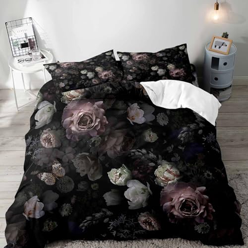 LUVIVIHOME 3PCS Black Floral Duvet Cover Queen Bedding Set, Gothic Bedding, Dark Moody Victorian Aesthetic Retro Garden Blossom Botanical Vintage Peony Rose Flower Comforter Quilt Cover 2 Pillow Cases - Image 1