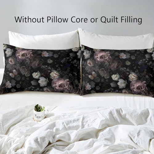 LUVIVIHOME 3PCS Black Floral Duvet Cover Queen Bedding Set, Gothic Bedding, Dark Moody Victorian Aesthetic Retro Garden Blossom Botanical Vintage Peony Rose Flower Comforter Quilt Cover 2 Pillow Cases - Image 4
