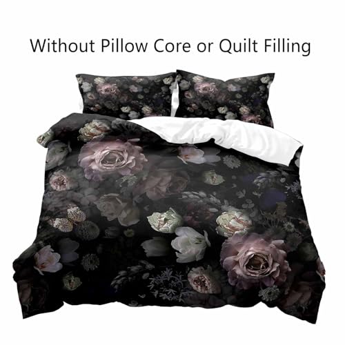 LUVIVIHOME 3PCS Black Floral Duvet Cover Queen Bedding Set, Gothic Bedding, Dark Moody Victorian Aesthetic Retro Garden Blossom Botanical Vintage Peony Rose Flower Comforter Quilt Cover 2 Pillow Cases - Image 2