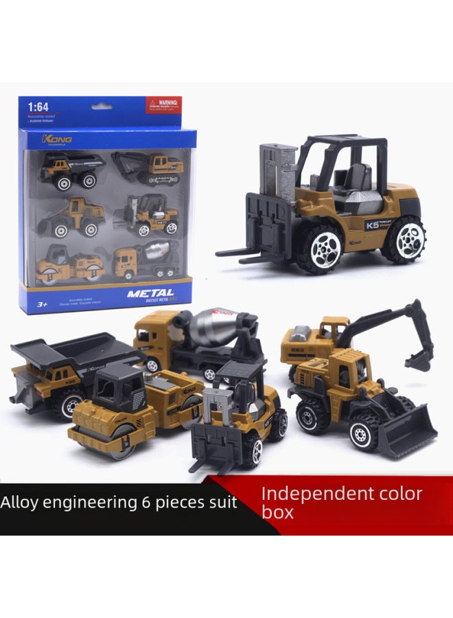 164 Scale 6-piece Alloy Engineering Vehicle Model Set Excavator Roller Bulldozer Toy Vehicles Highly Diecast Metal Models-Color:V Fuxing No. 4 Pack