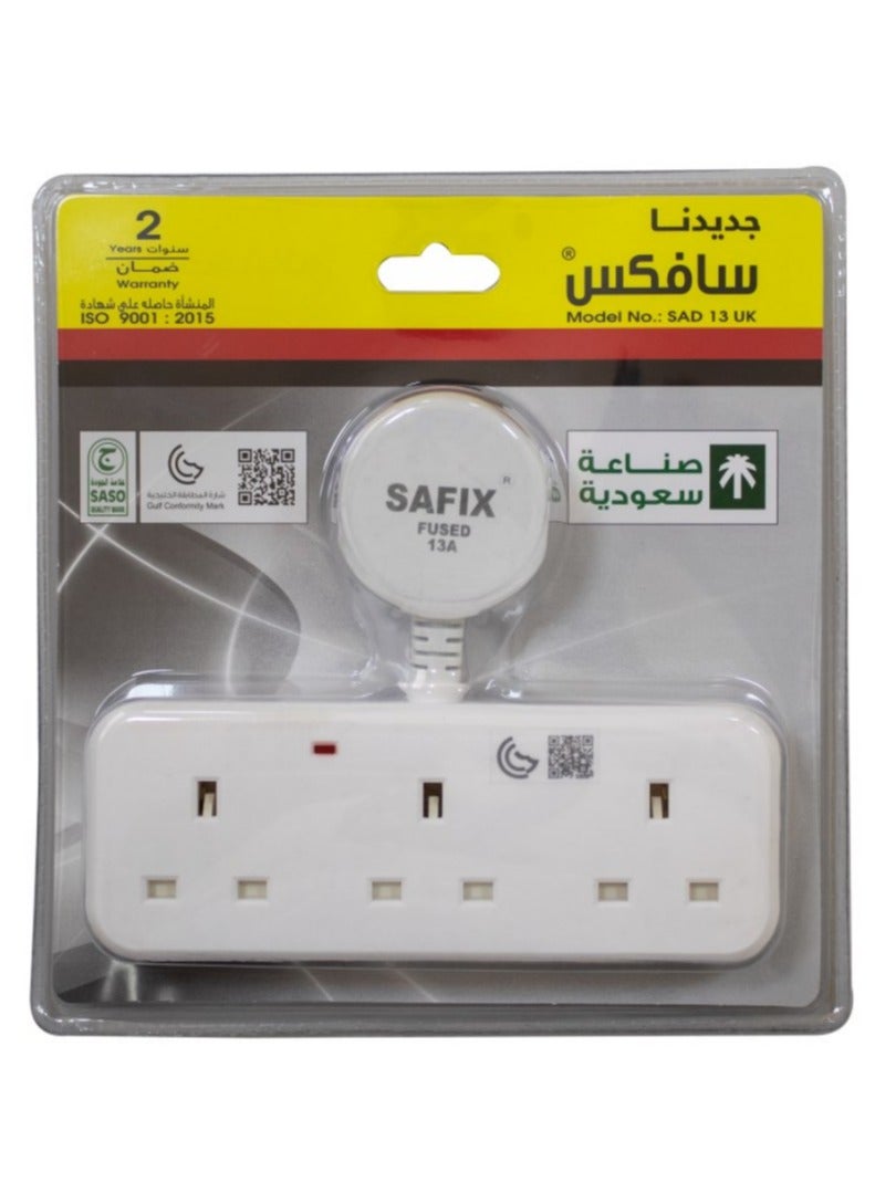 Safix Three Way UK Plug Adapter 13A 250V with Fire Resistant Body, SASO GMARK Approved, Heavy Duty, Saudi Made, White - Image 2