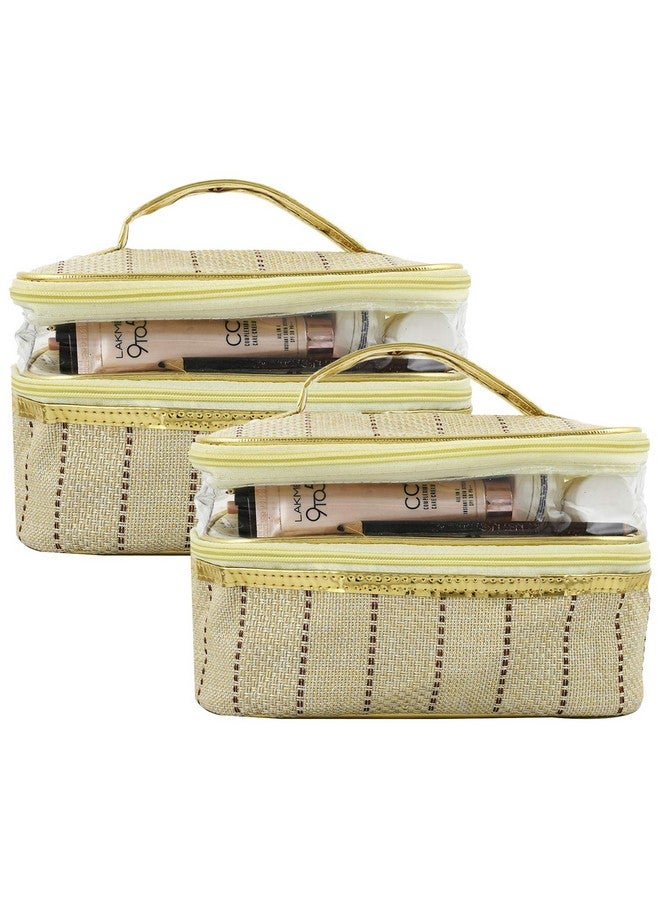 Hearts 2 Pieces Jute Design Make Up Kit Cum Cosmetic Kit Jewellery Kit Pouches For Travel Accessories (Cream) Heart2584 - Image 1