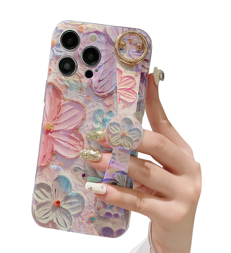 siduater Hand Strap Holder Case for 6.7" iPhone 15 Pro Max with Kickstand - Wrist Strap Band Soft Design Shockproof Cover, Adjustable Handle Grip Loop for iPhone 15 Pro Max 6.7 Inch, Floral Pink - Image 1