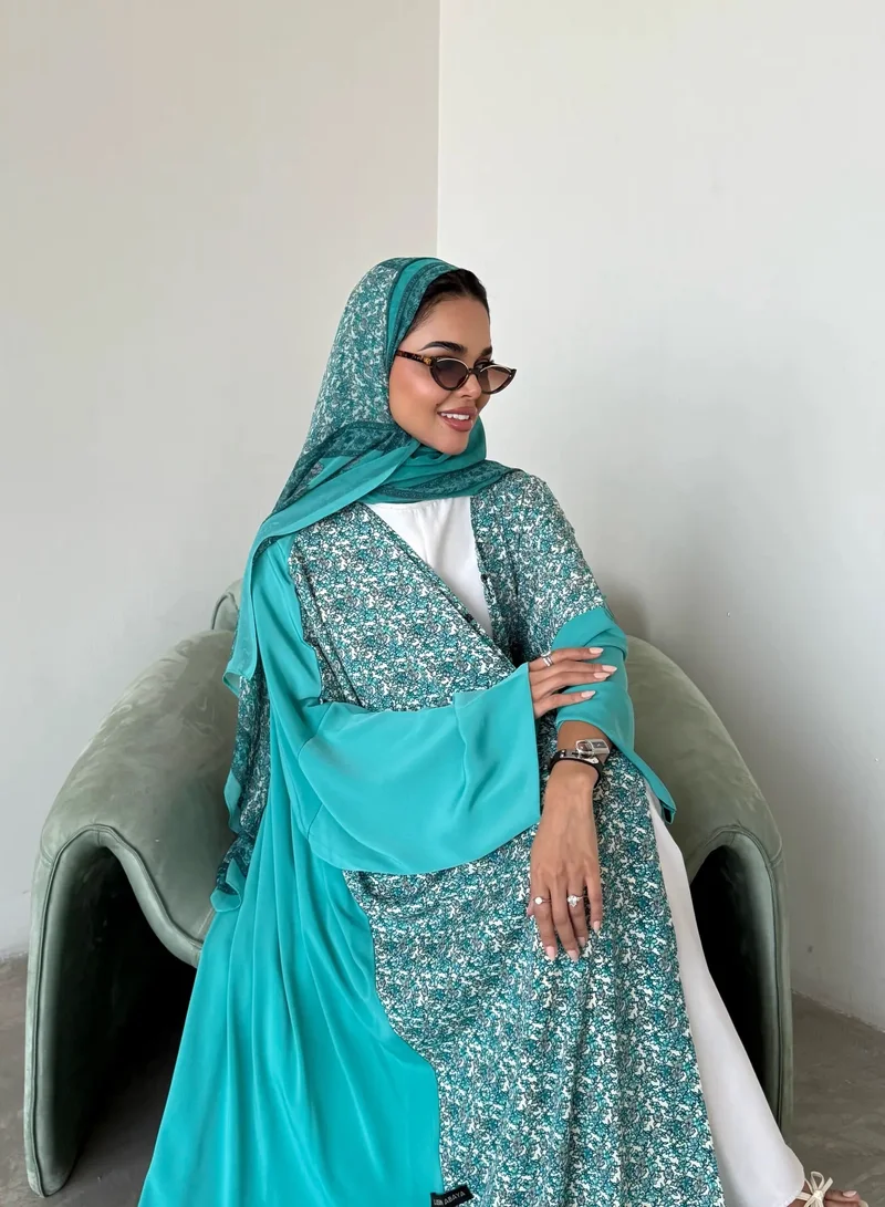 Lusin Abaya Tiffany Indian Silk Abaya with Floral-Print Front & Veil
