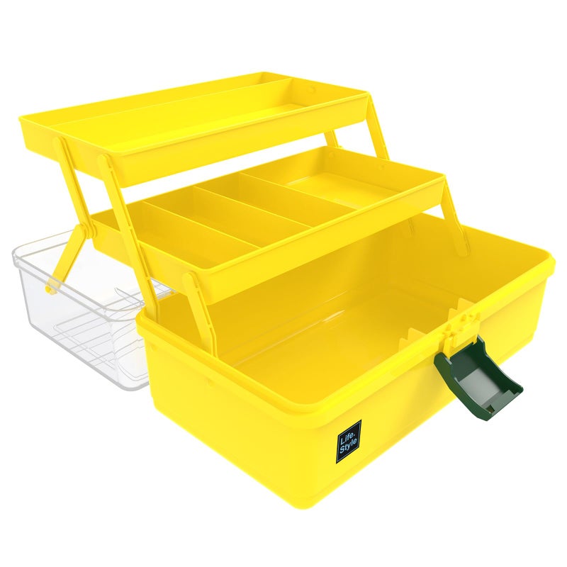 Calogy 13in Lidded Storage Bins Storage Box 3 Layer Multifunctional Plastic Organizing Box with Handle Fits for Medicine Art Supply Makeup Nail Sewing and Kitchen Gadget Yellow