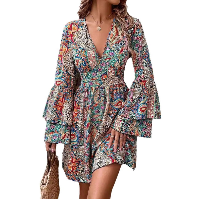 Elegant Women's Floral Print V-Neck Bell Sleeve Dress - Image 5