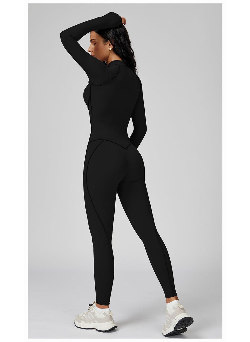 general AEEZO Womens Contour Seams Long Sleeve Padded Workout Jumpsuit Zip Up Tummy Control One Piece Bodycon Yoga Rompers - Image 2