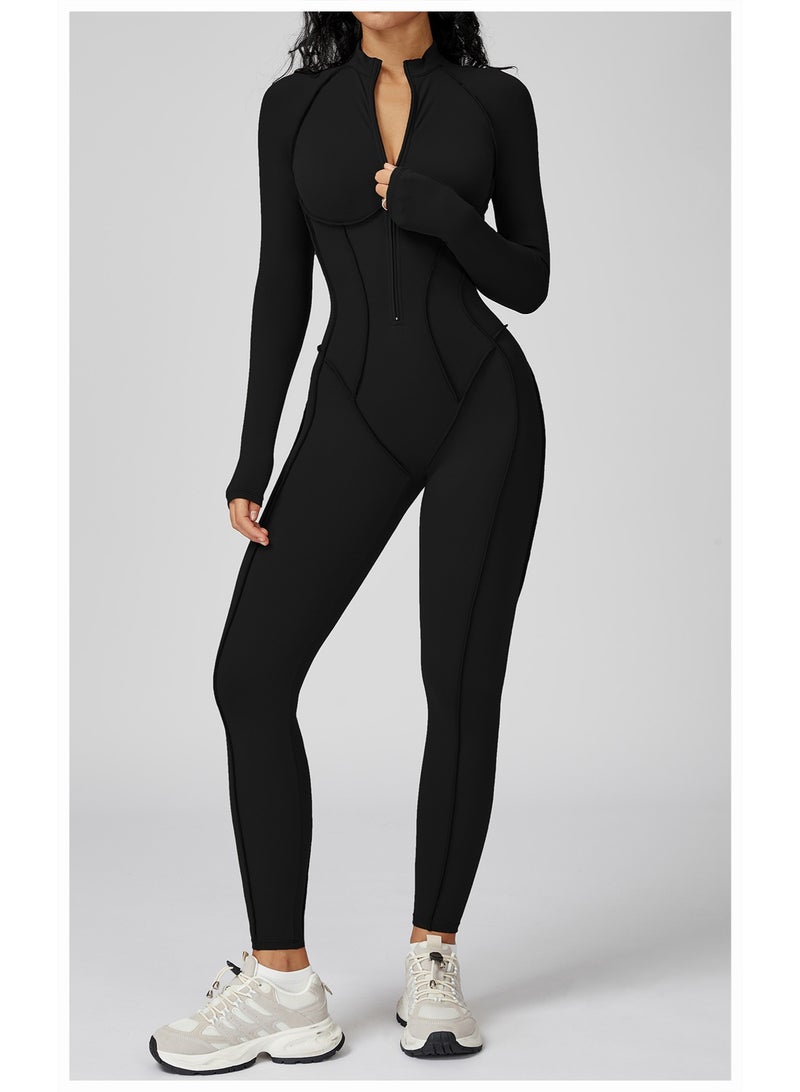 general AEEZO Womens Contour Seams Long Sleeve Padded Workout Jumpsuit Zip Up Tummy Control One Piece Bodycon Yoga Rompers - Image 3