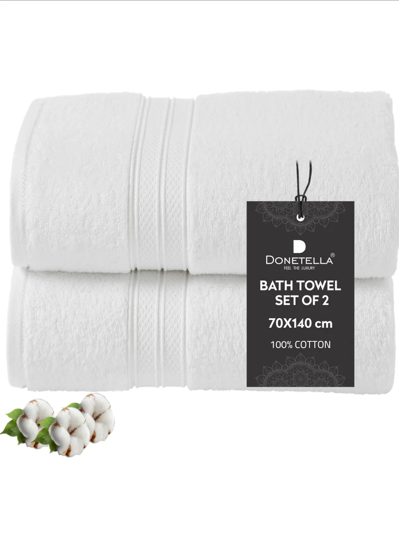Donetella Premium 100 % Combed Cotton 2-Pcs Bath Towel Set (70 X 140 CM) 600 GSM Large Towel, Highly Absorbent, Quick Dry,Best Towel for Bathroom, Spa And Hotel,White