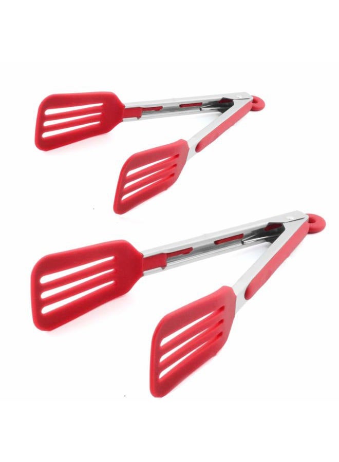 STARUBY Kitchen Tongs 9 inch & 12 inch Fish Tongs Stainless Steel Cooking Silicone Buffet Serving Tongs Heat Resistant Meat Turner Spatula Tongs with Locking Handle Joint,Red - Image 1