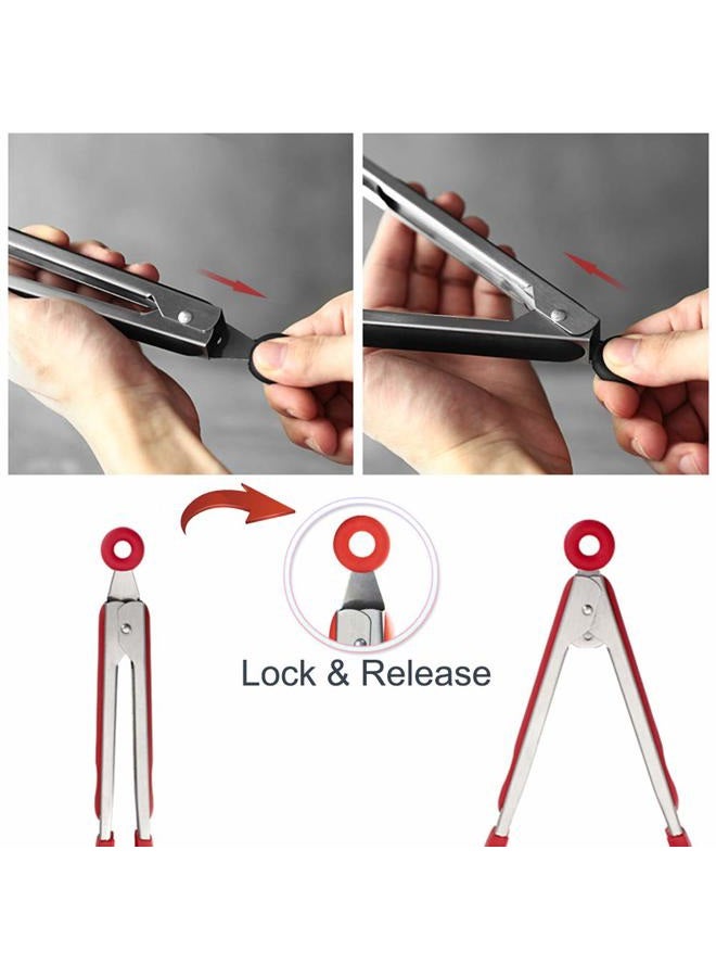 STARUBY Kitchen Tongs 9 inch & 12 inch Fish Tongs Stainless Steel Cooking Silicone Buffet Serving Tongs Heat Resistant Meat Turner Spatula Tongs with Locking Handle Joint,Red - Image 4