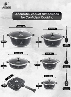 Life Smile 15Pcs Pots and Pans Set, Non-Stick Cookware Sets-Black Granite Cookwares, Cooking Set Non-Stick Includes Casserole 20/24/28/32cm, Grill Pan 32cm & Shallow pot 28cm with Lid (PFOS, PFOA Free) and 3pcs Kitchen utensils  - Image 3