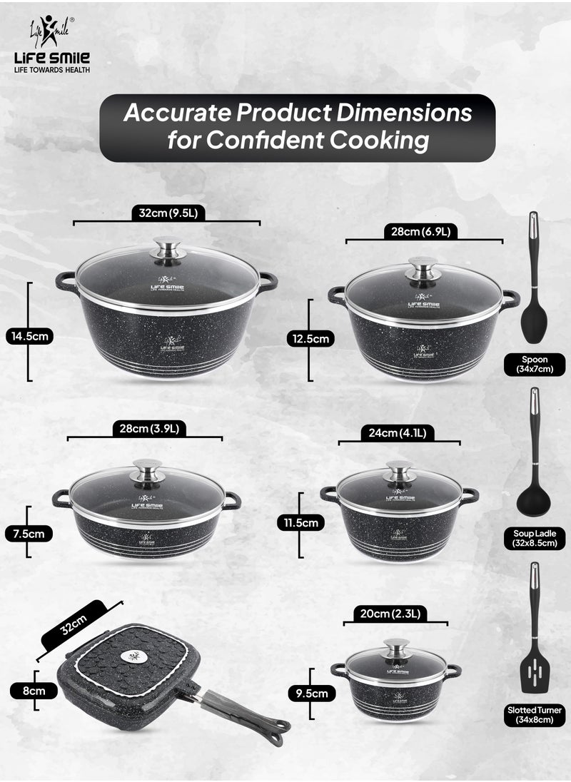Life Smile - 15Pcs Pots and Pans Set, Non-Stick Cookware Sets-Black Granite Cookwares, Cooking Set Non-Stick Includes Casserole 20/24/28/32cm, Grill Pan 32cm & Shallow pot 28cm with Lid (PFOS, PFOA Free) and 3pcs Kitchen utensils - Image 1