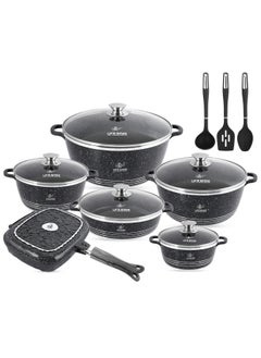 Life Smile 15Pcs Pots and Pans Set, Non-Stick Cookware Sets-Black Granite Cookwares, Cooking Set Non-Stick Includes Casserole 20/24/28/32cm, Grill Pan 32cm & Shallow pot 28cm with Lid (PFOS, PFOA Free) and 3pcs Kitchen utensils  - Image 1
