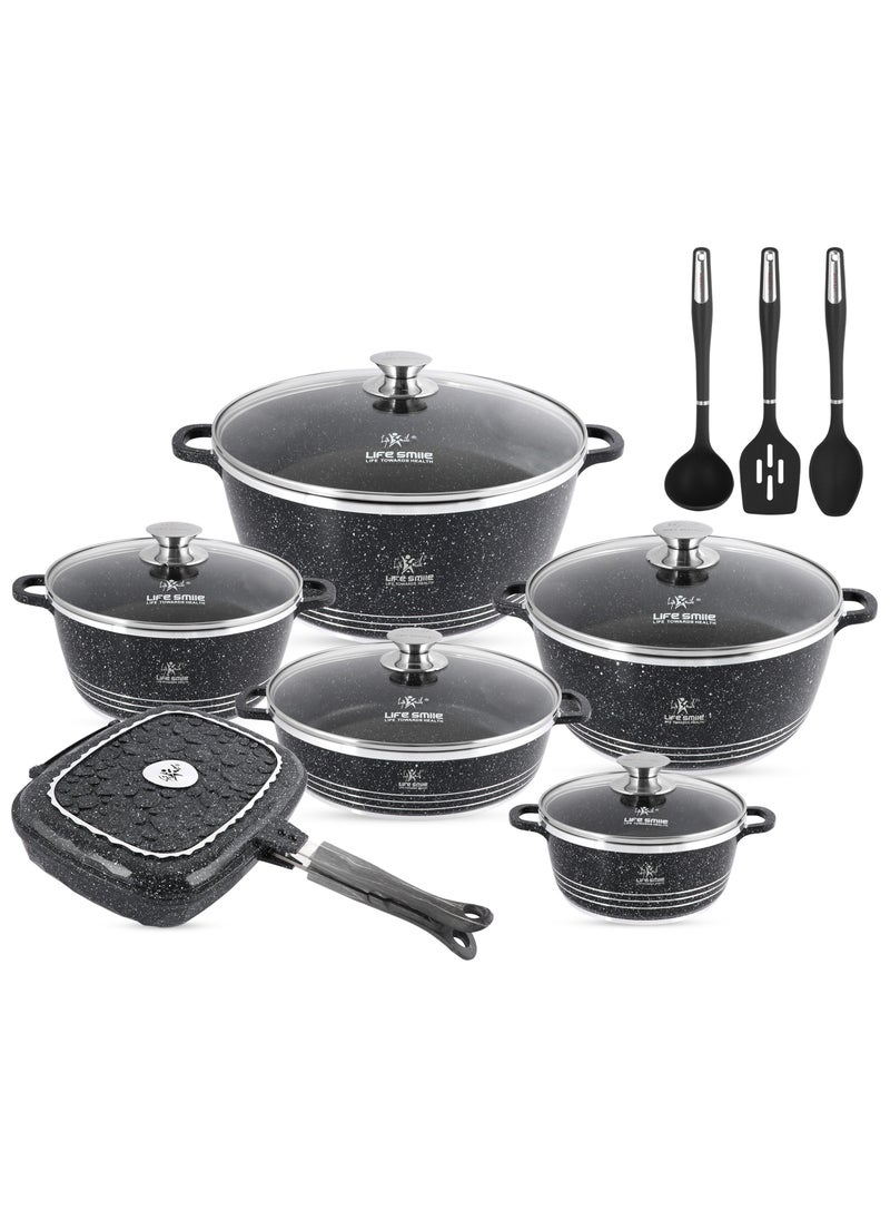 Life Smile - 15Pcs Pots and Pans Set, Non-Stick Cookware Sets-Black Granite Cookwares, Cooking Set Non-Stick Includes Casserole 20/24/28/32cm, Grill Pan 32cm & Shallow pot 28cm with Lid (PFOS, PFOA Free) and 3pcs Kitchen utensils - Image 1