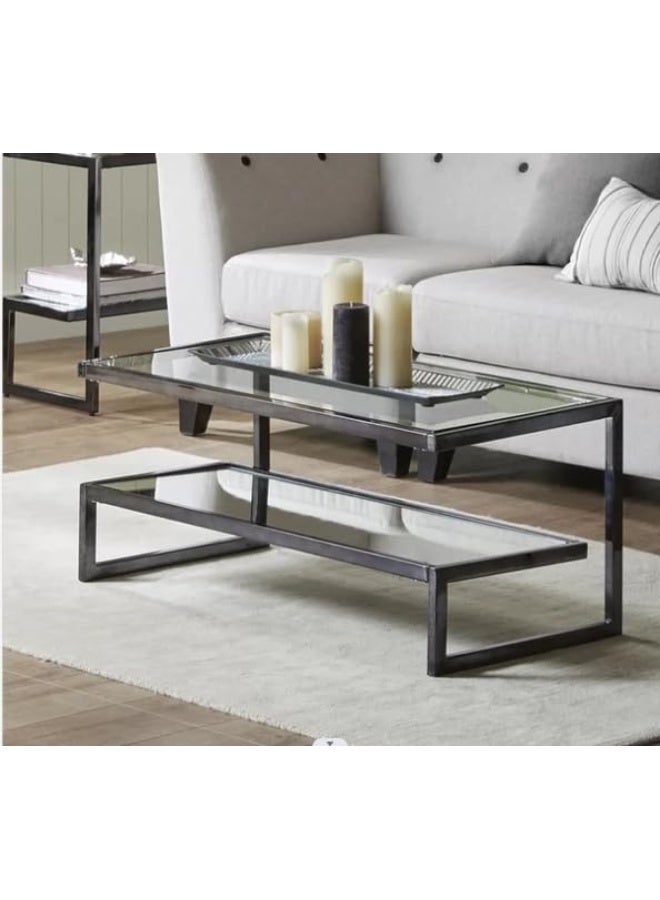 Hometaste Modern Glass Coffee Table - Rectangular Center Table With Clear Glass Top And Mirrored Lower Shelf For Living Room And Home Office Decor