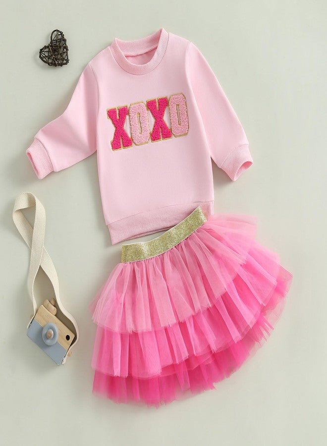 SAYOO Toddler Baby Girls Valentine's Outfits Be Mine and Bow Embroidery Sweatshirt Tops+Rainbow Tutu Skirt 2Pcs Clothes (XOXO-Pink, 3-4T) - Image 2