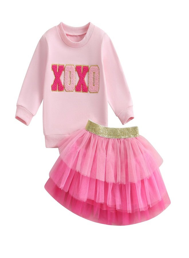 SAYOO Toddler Baby Girls Valentine's Outfits Be Mine and Bow Embroidery Sweatshirt Tops+Rainbow Tutu Skirt 2Pcs Clothes (XOXO-Pink, 3-4T) - Image 1