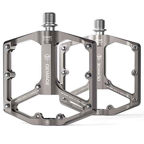 GEWAGE Road/Mountain Bike Pedals - 3 Bearings Bicycle Pedals - 9/16” CNC Machined Flat Pedals with Removable Anti-Skid Nails (Titanium) - Image 1