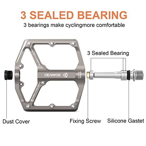 GEWAGE Road/Mountain Bike Pedals - 3 Bearings Bicycle Pedals - 9/16” CNC Machined Flat Pedals with Removable Anti-Skid Nails (Titanium) - Image 4