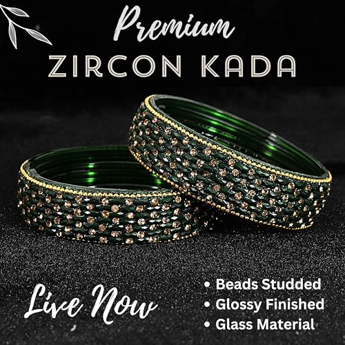 NMII Stylish Glass Bangles Set With Golden Stone & Beads Studded Thick Kada for Women & Girls | Fancy Wedding Glass Kada | Green Kanch ki Bangles-(GK42-Green-2.4) - Image 5