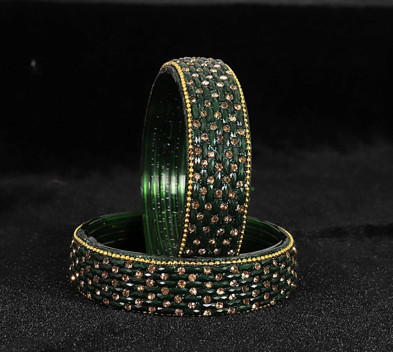 NMII Stylish Glass Bangles Set With Golden Stone & Beads Studded Thick Kada for Women & Girls | Fancy Wedding Glass Kada | Green Kanch ki Bangles-(GK42-Green-2.4) - Image 3