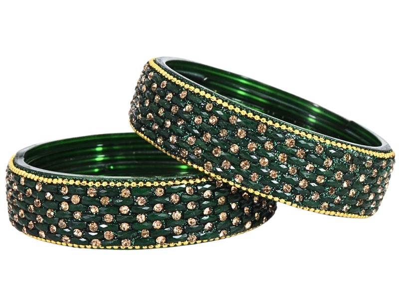 NMII Stylish Glass Bangles Set With Golden Stone & Beads Studded Thick Kada for Women & Girls | Fancy Wedding Glass Kada | Green Kanch ki Bangles-(GK42-Green-2.4) - Image 2