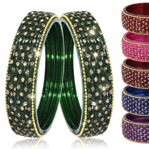NMII Stylish Glass Bangles Set With Golden Stone & Beads Studded Thick Kada for Women & Girls | Fancy Wedding Glass Kada | Green Kanch ki Bangles-(GK42-Green-2.4) - Image 1