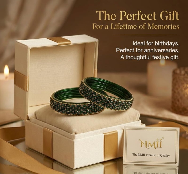 NMII Stylish Glass Bangles Set With Golden Stone & Beads Studded Thick Kada for Women & Girls | Fancy Wedding Glass Kada | Green Kanch ki Bangles-(GK42-Green-2.4) - Image 4