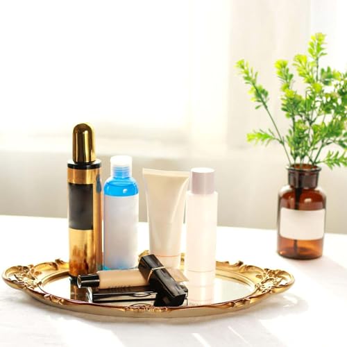 Zosenley Polyresin Ellipse Antique Decorative Mirror Tray, Makeup Organizer, Jewelry Organizer, Serving Tray, 9.8”x 14.6”, Gold - Image 3