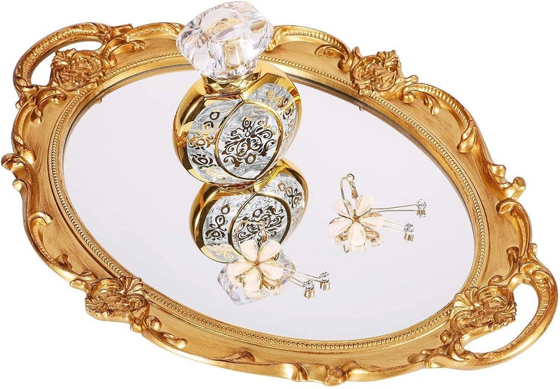 Zosenley Polyresin Ellipse Antique Decorative Mirror Tray, Makeup Organizer, Jewelry Organizer, Serving Tray, 9.8”x 14.6”, Gold - Image 1