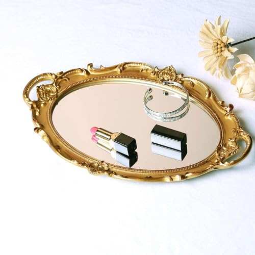 Zosenley Polyresin Ellipse Antique Decorative Mirror Tray, Makeup Organizer, Jewelry Organizer, Serving Tray, 9.8”x 14.6”, Gold - Image 2