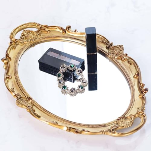 Zosenley Polyresin Ellipse Antique Decorative Mirror Tray, Makeup Organizer, Jewelry Organizer, Serving Tray, 9.8”x 14.6”, Gold - Image 4