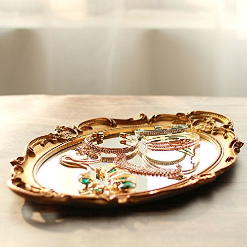 Zosenley Polyresin Ellipse Antique Decorative Mirror Tray, Makeup Organizer, Jewelry Organizer, Serving Tray, 9.8”x 14.6”, Gold - Image 5