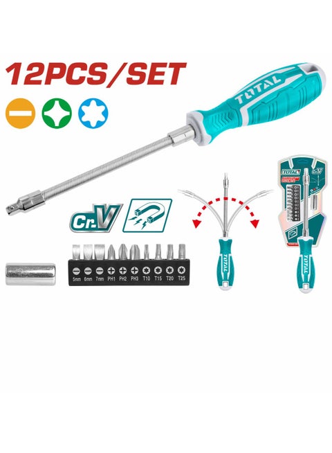 Total 12PCS Flexible Shaft Screwdriver Set – Versatile Tool for Tight Spaces & DIY Projects with Adaptor and Multiple Bits