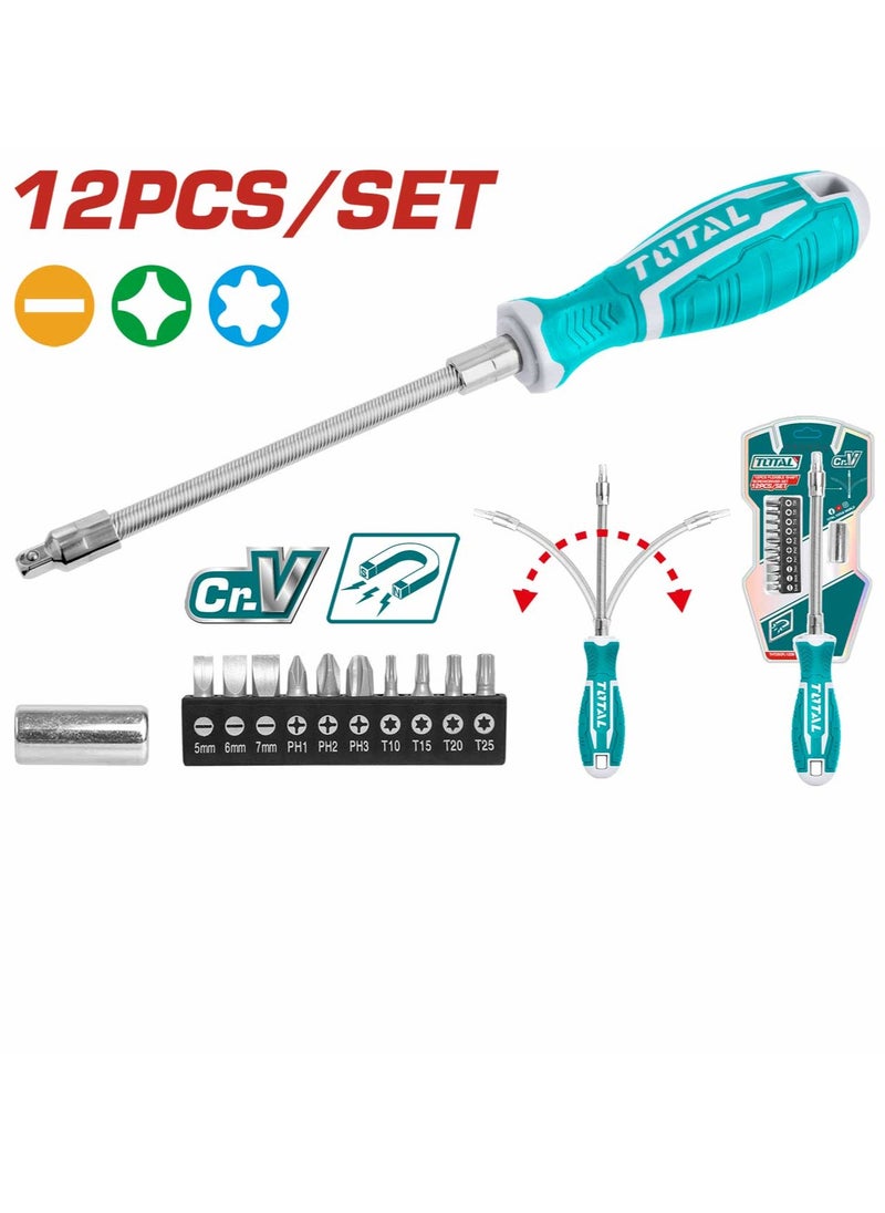 TOTAL - Total 12PCS Flexible Shaft Screwdriver Set – Versatile Tool for Tight Spaces & DIY Projects with Adaptor and Multiple Bits - Image 1