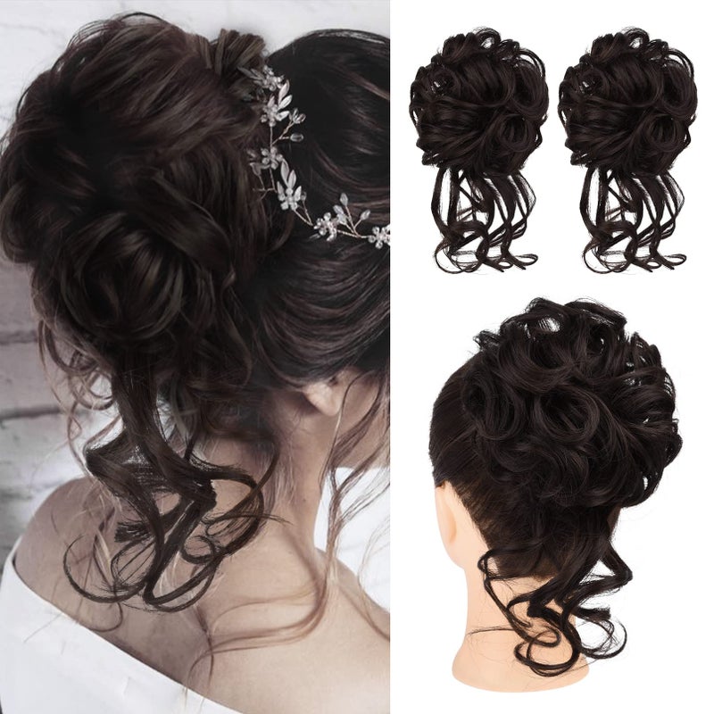 HOOJIH 2PCS Messy Bun Hair Piece Tousled Updo with Tendrils Hair Bun Extensions Wavy Curly Hair Wrap Ponytail Hairpieces Hair Scrunchies for Women HB010 Dasiy  Dark Brown