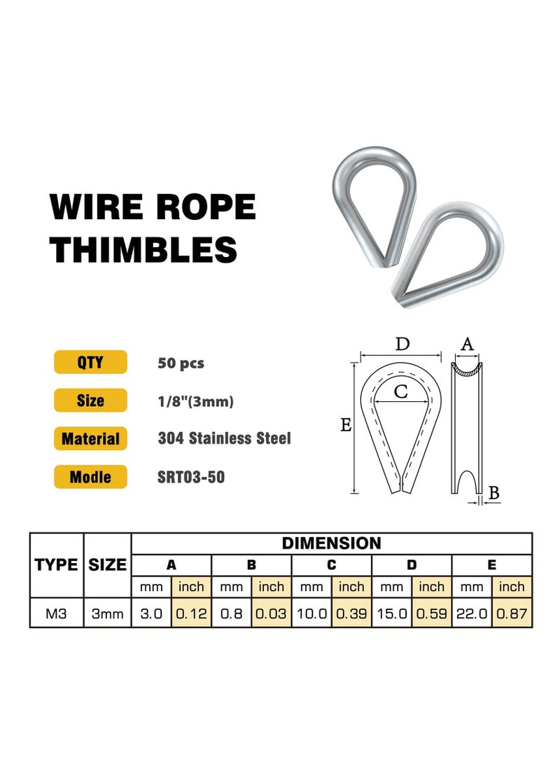 SYOSI M3 Stainless Steel Wire Rope Thimbles, 50PCS M3 Stainless Steel Wire Rope Cable Clip Clamp, Aluminum Crimping Loop Sleeve for 1/8 Inch Wire Rope Cable  - Image 5