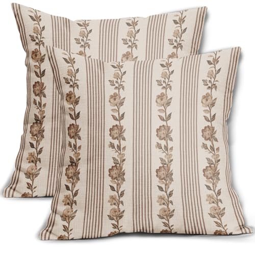 sorfbliss Floral Pillow Covers 18x18 Set of 2 Flower Striped Pattern Print Vintage Neutral Floral Stripe Decorative Throw Pillow Cases Boho Outdoor Farmhouse Decoration for Sofa Couch Bed - Image 1