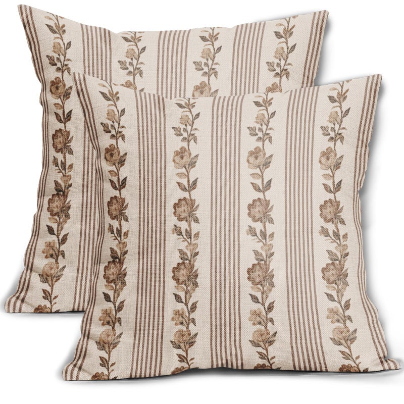 sorfbliss Floral Pillow Covers 18x18 Set of 2 Flower Striped Pattern Print Vintage Neutral Floral Stripe Decorative Throw Pillow Cases Boho Outdoor Farmhouse Decoration for Sofa Couch Bed - Image 2