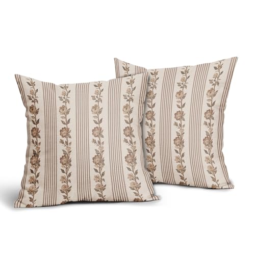 sorfbliss Floral Pillow Covers 18x18 Set of 2 Flower Striped Pattern Print Vintage Neutral Floral Stripe Decorative Throw Pillow Cases Boho Outdoor Farmhouse Decoration for Sofa Couch Bed - Image 3