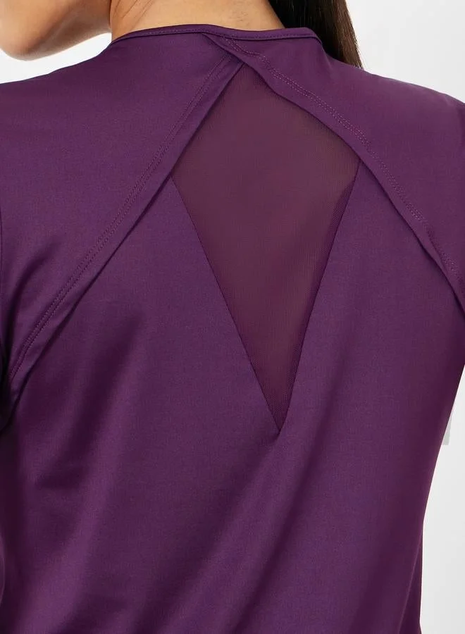Styli Active Burgundy Back Mesh Overlay Detail Short Sleeve Top for Women | Best Price UAE