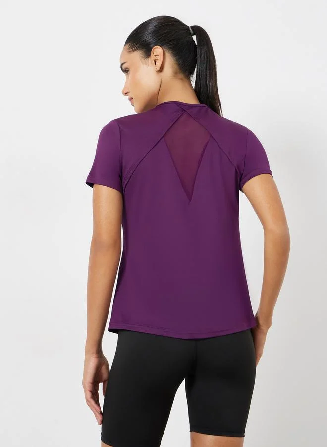 Styli Active Burgundy Back Mesh Overlay Detail Short Sleeve Top for Women | Best Price UAE