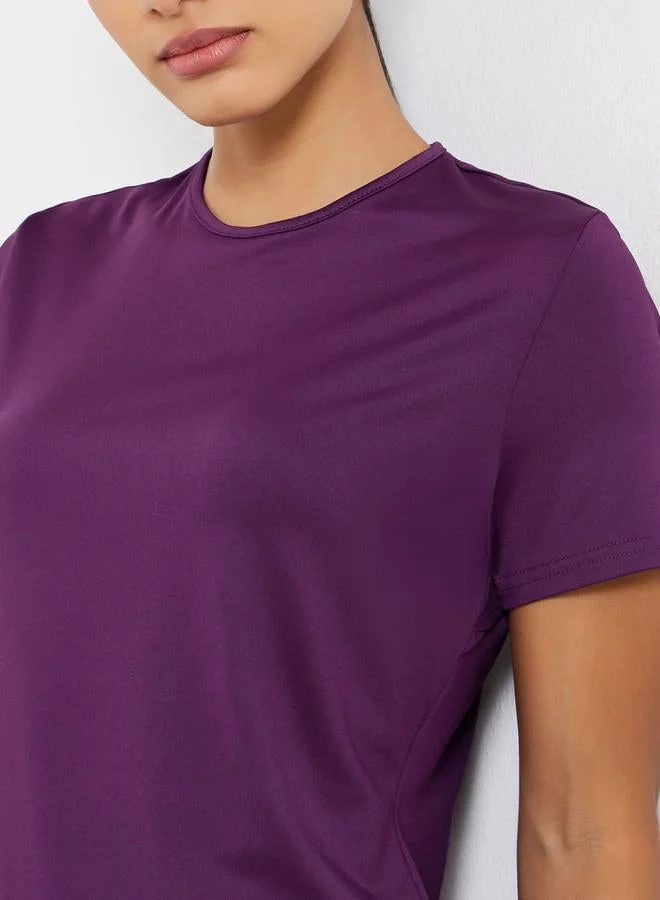 Styli Active Burgundy Back Mesh Overlay Detail Short Sleeve Top for Women | Best Price UAE