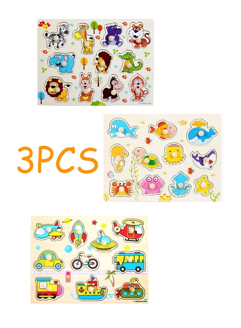 Wooden educational toys, animals, marine life, transportation 3-piece set early education cognitive toys - Image 1
