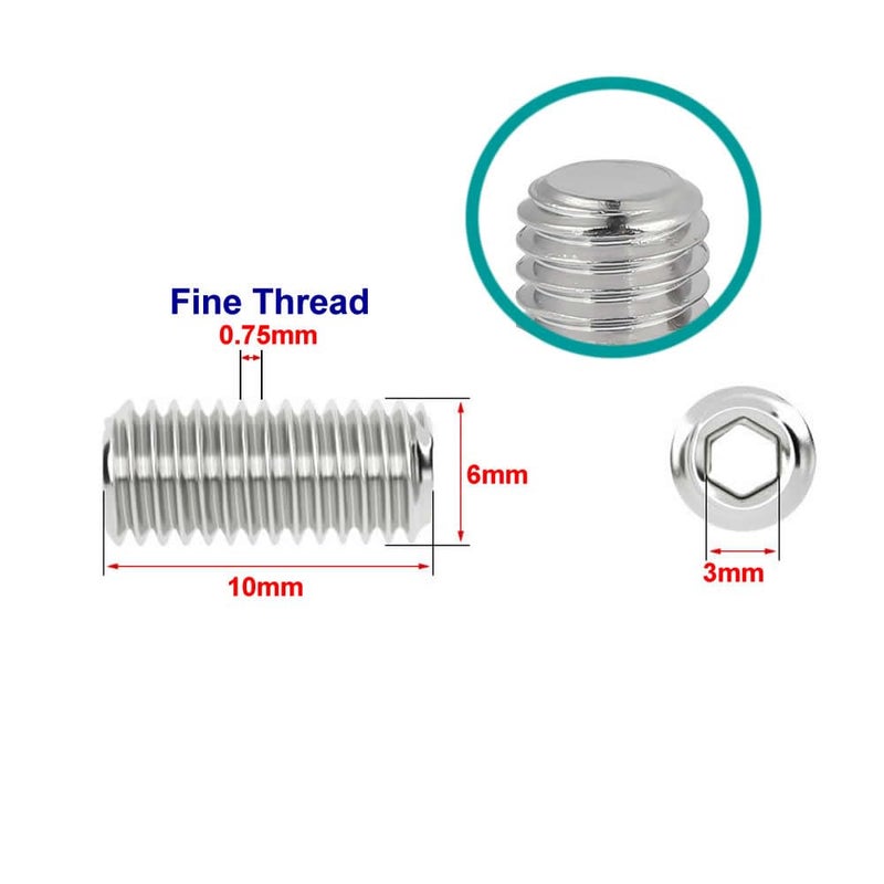 junter Store 30pcs M6-0.75 x 10mm Fine Thread Metric A2 Stainless Steel Flat Point Grub Hex Socket Set Screws Metric DIN913 - Image 2