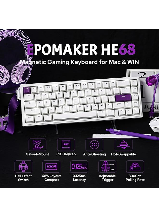 EPOMAKER He68 Wired Magnetic Gaming Keyboard 8K Polling Rate 0.125Ms Latency Rgb Backlight Gasket Mount Usb A To C Portable For Mac/Pc/Ps/Switch (White) - Image 2